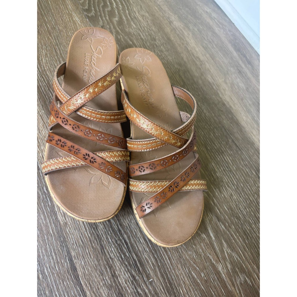 Skechers Luxe Foam‎ Wedge Sandals Brown Strappy Comfort Slides Size 7